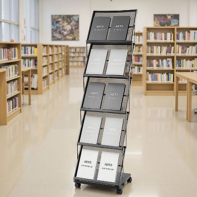 5-Tier Metal Literature Display Rack with Casters for Brochures, Flyers, and Magazines - Black
