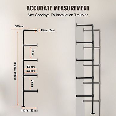 5-Tier Wall Mounted Pipe Shelving Frame for Custom Wood Boards - Black (Planks not Included)