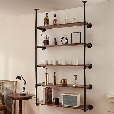 5-Tier Wall Mounted Pipe Shelving Frame for Custom Wood Boards - Black (Planks not Included)