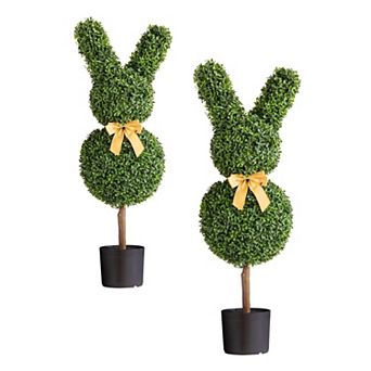 36" Artificial Topiary Trees Set of 2 with PE Leaves for Entryway or Patio - Green and Black