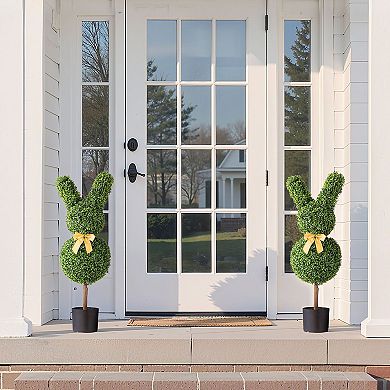 36" Artificial Topiary Trees Set of 2 with PE Leaves for Entryway or Patio - Green and Black
