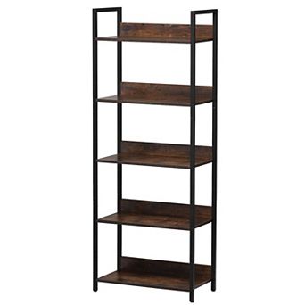 5 tier Metal Bookcase with MDF-Style Shelves for Books and Decor Brown and Black