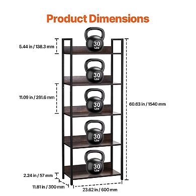5-Tier Metal Bookcase with MDF-Style Shelves for Books and Decor Brown and Black