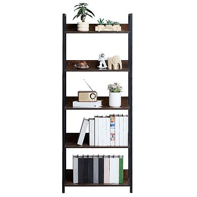 5-Tier Metal Bookcase with MDF-Style Shelves for Books and Decor Brown and Black