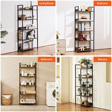 5-Tier Metal Bookcase with MDF-Style Shelves for Books and Decor Brown and Black