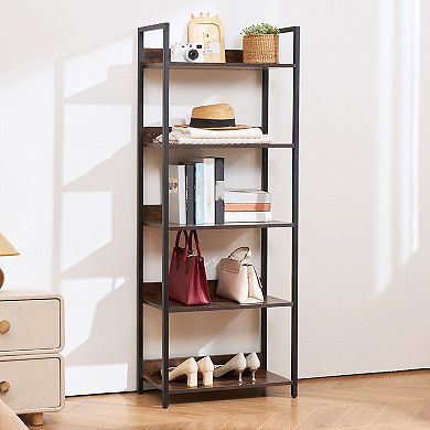 5-Tier Metal Bookcase with MDF-Style Shelves for Books and Decor Brown and Black