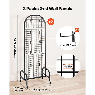 2 Piece Mobile Wire Grid Wall Display with 6 Panels and Locking Casters for Home or Retail Use