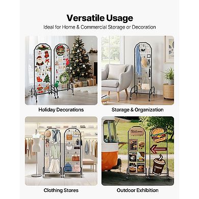 2 Piece Mobile Wire Grid Wall Display with 6 Panels and Locking Casters for Home or Retail Use