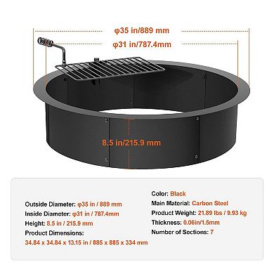 35" Steel Fire Pit Ring with Swivel Cooking Grate for Backyard and Patio