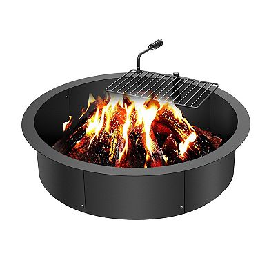 35" Steel Fire Pit Ring with Swivel Cooking Grate for Backyard and Patio