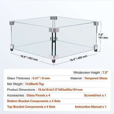 19" Square Tempered Glass Fire Pit Wind Guard for Outdoor Gas Fire Pits