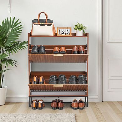 2-Drawer Flip Shoe Cabinet for Compact Entryways and Small Spaces - Walnut
