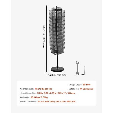 30-Tier Rotating Literature Rack for A4 Magazines, Flyers, and Handouts with Mesh Baskets - Black