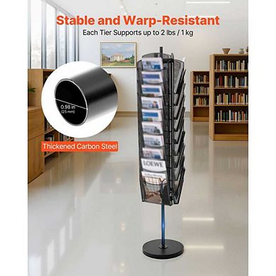 30-Tier Rotating Literature Rack for A4 Magazines, Flyers, and Handouts with Mesh Baskets - Black