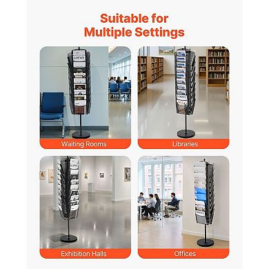 30-Tier Rotating Literature Rack for A4 Magazines, Flyers, and Handouts with Mesh Baskets - Black
