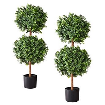 36" Artificial Topiary Trees Set of 2 with PE Leaves and Reinforced Trunks for Entryway or Patio