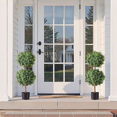 36" Artificial Topiary Trees Set of 2 with PE Leaves and Reinforced Trunks for Entryway or Patio