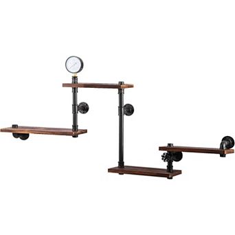 4 tier Industrial Pipe Wall Shelf with Mixed Wood Planks for Home Storage and Display