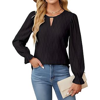 Womens Crew Neck Long Sleeve Top Smocked Front Business Ladies Casual Blouses Tunic