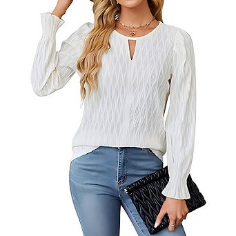 Womens Crew Neck Long Sleeve Top Smocked Front Business Ladies Casual Blouses Tunic