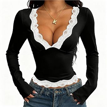 Women Long Sleeve T Shirts Deep V Neck Lace Up Casual Going Out Party Club Tops