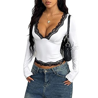 Women Long Sleeve T Shirts Deep V Neck Lace Up Casual Going Out Party Club Tops