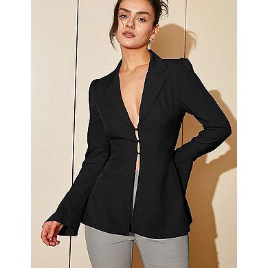 Slim Fit Women's Blazer Tapered Waist Long Flare Sleeve Jacket Button Closure Stretch Office Blazer