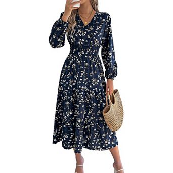 Women Floral Lantern Sleeve Wrap V Neck Flowy Maxi Dresses