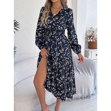 Women Floral Lantern Sleeve Wrap V Neck Flowy Maxi Dresses
