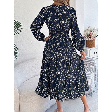 Women Floral Lantern Sleeve Wrap V Neck Flowy Maxi Dresses