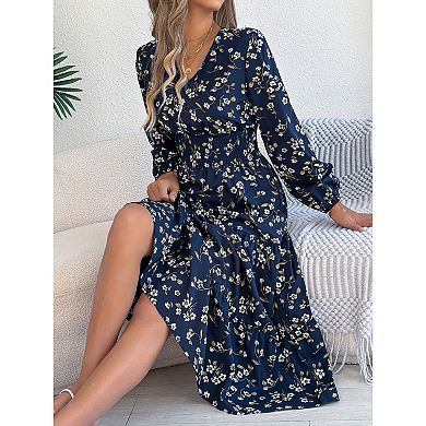 Women Floral Lantern Sleeve Wrap V Neck Flowy Maxi Dresses