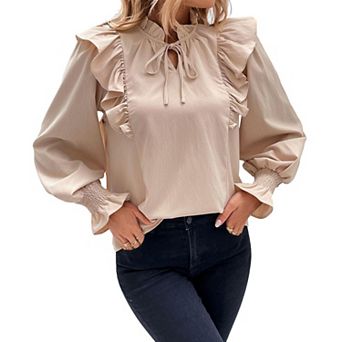 Women's Ruffle Long Sleeve Shirt Tie Front V Neck Casual Fall Blouse Tops Loose Fit Cute Tops