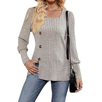 Women Square Neck Tops Long Sleeve Split Sweater T-Shirt Casual Blouses Knit Tops