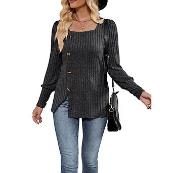 Women Square Neck Tops Long Sleeve Split Sweater T-Shirt Casual Blouses Knit Tops