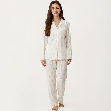 Women's 2-Piece Set Floral Print Pajama Top and Trim Details Paired with Matching Pants