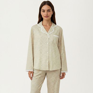 Women's 2-Piece Set Floral Print Pajama Top and Trim Details Paired with Matching Pants