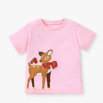 Crew Neck Girls Deer And Bird Pattern T-Shirt In European And American Style For Summer