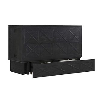 Solid Wood Queen Murphy Bed Cabinet,Gray,USB Port & Large Drawer for Home/Guest Room(No Mattress)