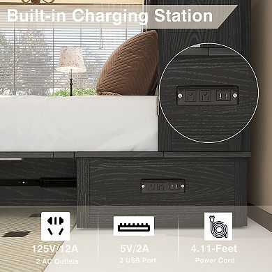Solid Wood Queen Murphy Bed Cabinet,Gray,USB Port & Large Drawer for Home/Guest Room(No Mattress)
