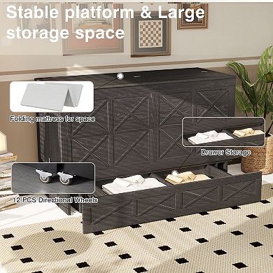 Solid Wood Queen Murphy Bed Cabinet,Gray,USB Port & Large Drawer for Home/Guest Room(No Mattress)
