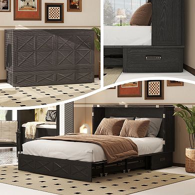 Solid Wood Queen Murphy Bed Cabinet,Gray,USB Port & Large Drawer for Home/Guest Room(No Mattress)