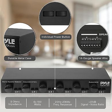 Pyle 6-Way Stereo Speaker Selector with Volume Control PLSHVC612 - Durable Aluminum Construction
