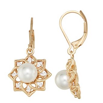 Napier Gold Tone Simulated Pearl Flower Drop Earrings