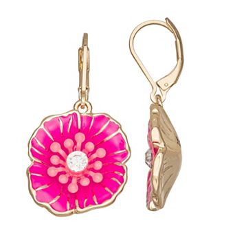 Napier Gold Tone Pink Flower Drop Earrings