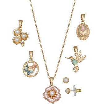 Napier Gold-Tone Flowers & Bird Changeable Pendant Necklace & Earring Set