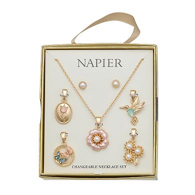 Napier Gold-Tone Flowers & Bird Changeable Pendant Necklace & Earring Set