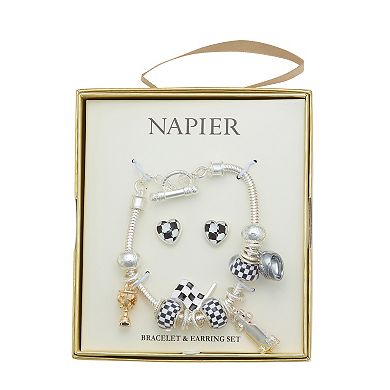 Napier Silver-Tone Racing Charm Bracelet & Earring Set