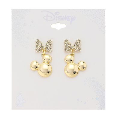 Disney's Mickey Mouse Gold-Tone Crystal Puff Mickey Bow Drop Earrings