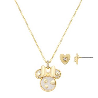 Disney's Minnie Mouse Gold-Tone Faux Mother-of-Pearl Pendant Necklace & Heart Earrings Set