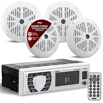 Pyle Bluetooth Marine Stereo Receiver & Speaker System Kit with (4) 6.5” Waterproof Speakers - White